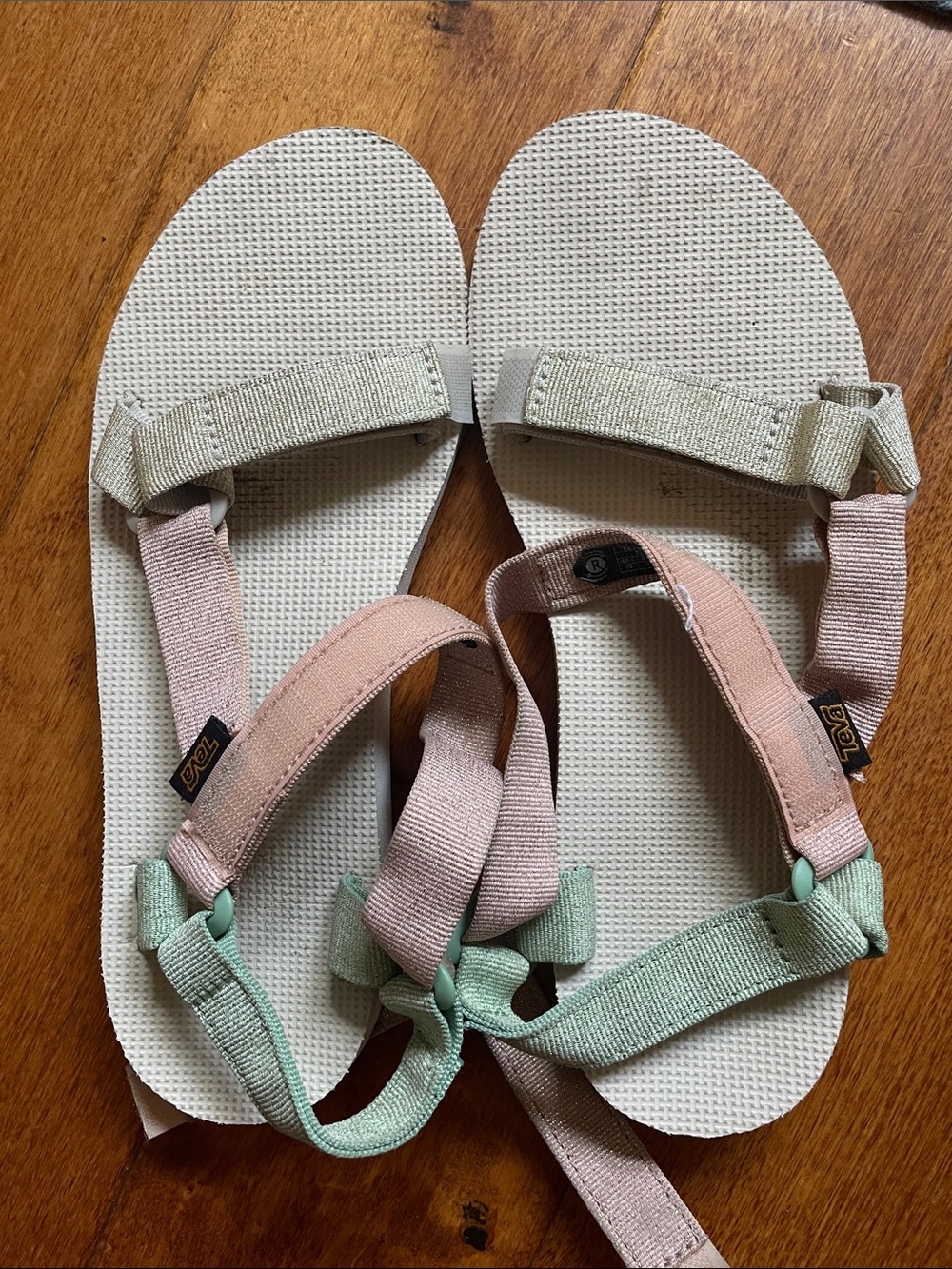 Teva Sandals in Pink and Mint with Cream Footbed